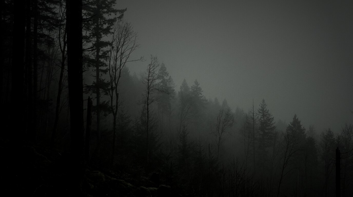 Fog standing in a dark conifer forest
